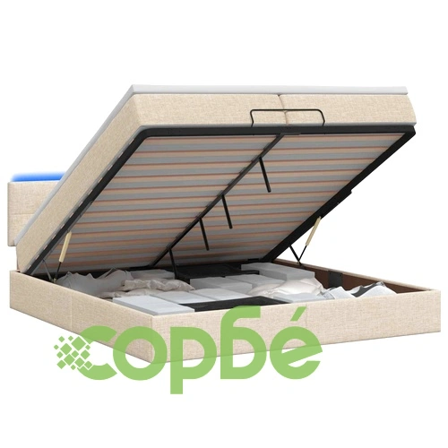 Отоман легло с матрак и LED осветление, Кремаво, 200 x 200 см, Текстил ➤ топ цена ➤ sorbe.bg