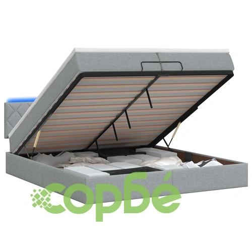 Отоман легло с матрак и LED осветление, светлосиво, 200 x 200 см, текстил ➤ топ цена ➤ sorbe.bg