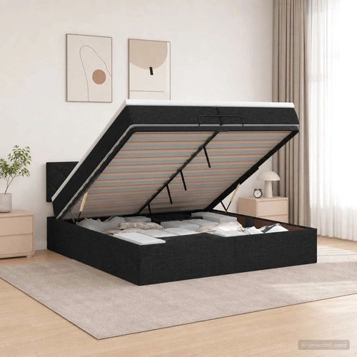 Отоман легло с матрак и LED осветление, 200 x 200 см, текстил, черно ➤ топ цена ➤ sorbe.bg