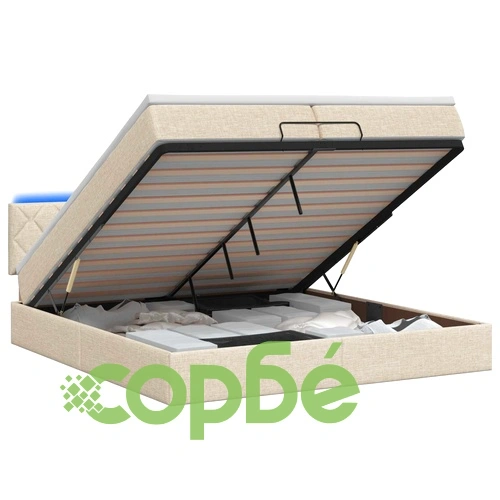 Отоман легло с матрак и LED осветление, Кремаво, 200 x 200 см, Текстил ➤ топ цена ➤ sorbe.bg