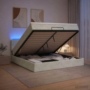 Легло отоман с матрак и LED осветление, Светлосиво, 180 x 200 см, Кадифе