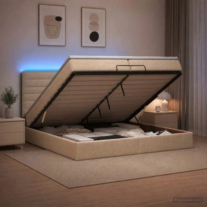 Отоман легло с матрак и LED осветление, Кремаво, 200 x 200 см, Текстил
