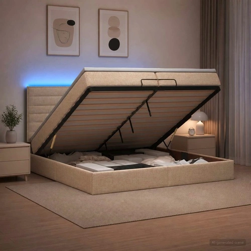 Отоман легло с матрак и LED осветление, Кремаво, 200 x 200 см, Текстил ➤ топ цена ➤ sorbe.bg