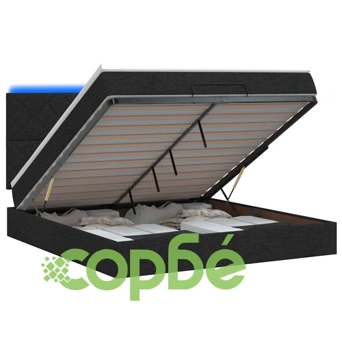 Легло отоман с матрак и LED осветление, 160 x 200 см, текстил, черно ➤ топ цена ➤ sorbe.bg