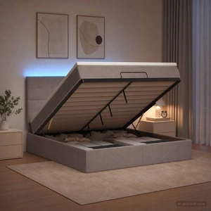 Отоман легло с матрак и LED осветление, Таупе, 160 x 200 см, Текстил