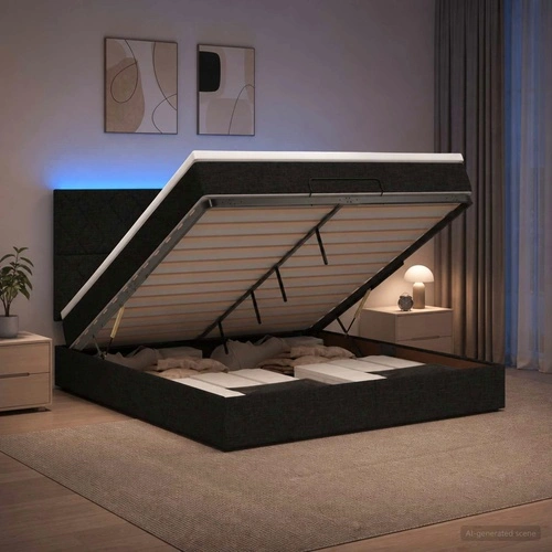 Легло отоман с матрак и LED осветление, черно, 180 x 200 см, текстил ➤ топ цена ➤ sorbe.bg