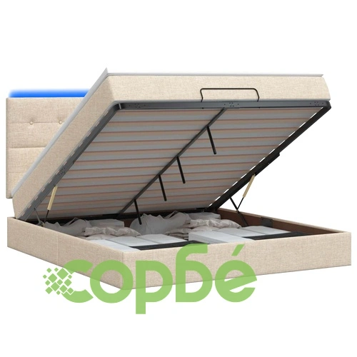Отоман легло с матрак и LED осветление, 180 x 200 см, текстил, Кремаво ➤ топ цена ➤ sorbe.bg