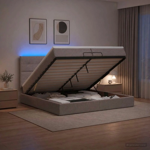 Отоман легло с матрак и LED осветление, Таупе, 200 x 200 см, Текстил ➤ топ цена ➤ sorbe.bg