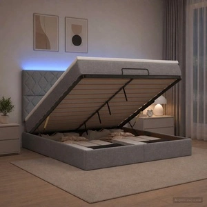 Легло-отоман с матрак и LED осветление, светлосиво, 160 x 200 см, текстил