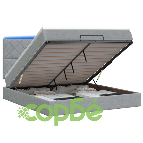 Легло-отоман с матрак и LED осветление, светлосиво, 160 x 200 см, текстил ➤ топ цена ➤ sorbe.bg