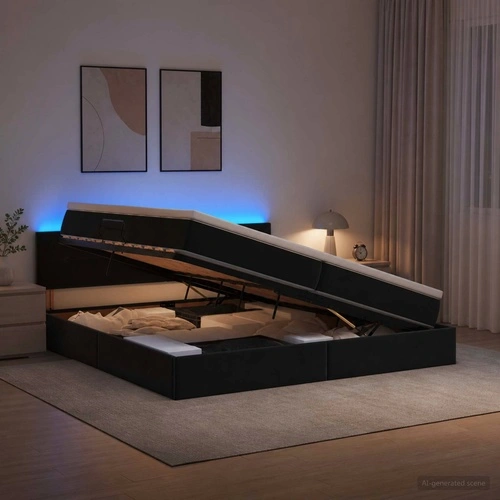 LED легло с кадифена тапицерия и матрак 200 x 200 см, Черно ➤ топ цена ➤ sorbe.bg