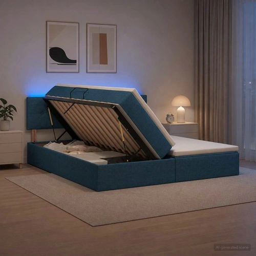 LED легло с матрак и шкафове за съхранение, синьо, текстил, 200 x 200 см ➤ топ цена ➤ sorbe.bg