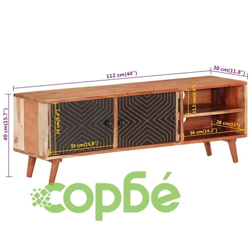 ТВ шкаф от масивно акациево дърво 112x30x40 см, черен ➤ топ цена ➤ sorbe.bg
