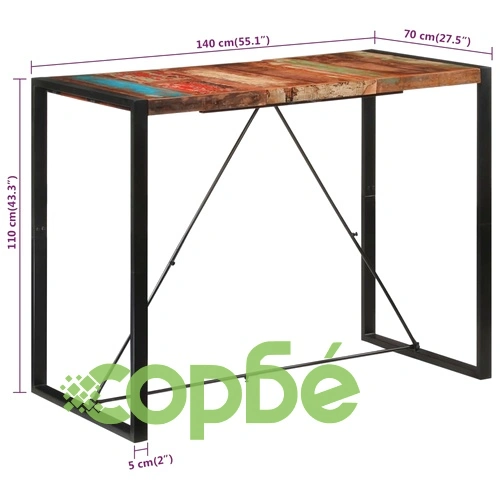 Бар маса от регенерирано масивно дърво, 140x70x110 см, с метална рамка ➤ топ цена ➤ sorbe.bg