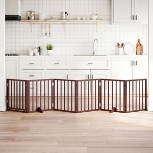 Сгъваема дървена преграда за куче с врата, 6 панела, кафява, 300 см, топола