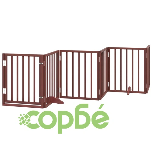 Сгъваема дървена преграда за куче с врата, 6 панела, кафява, 300 см, топола ➤ топ цена ➤ sorbe.bg