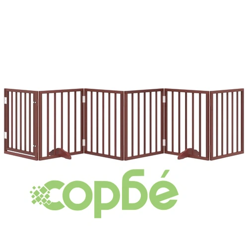 Сгъваема дървена преграда за куче с врата, 6 панела, кафява, 300 см, топола ➤ топ цена ➤ sorbe.bg