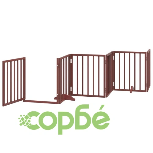 Сгъваема дървена преграда за куче с врата, 6 панела, кафява, 300 см, топола ➤ топ цена ➤ sorbe.bg