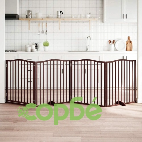 Сгъваема дървена преграда за куче с врата, 4 панела, 320 см, тополово дърво, кафяв цвят ➤ топ цена ➤ sorbe.bg