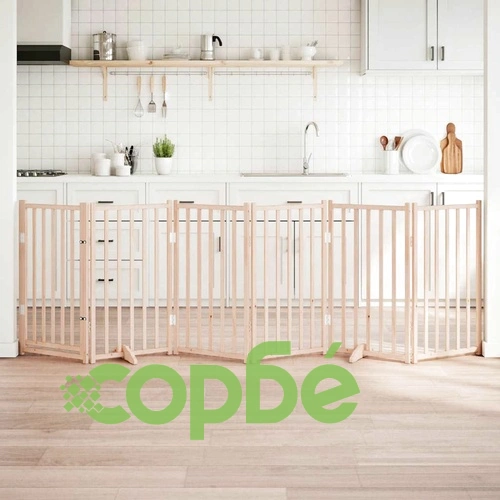 Сгъваема дървена преграда за кучета с врата - 6 панела, 300 см, масивна ела ➤ топ цена ➤ sorbe.bg