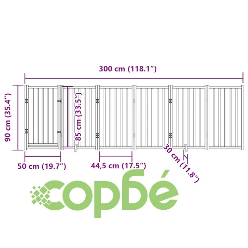 Сгъваема дървена преграда за кучета с врата - 6 панела, 300 см, масивна ела ➤ топ цена ➤ sorbe.bg
