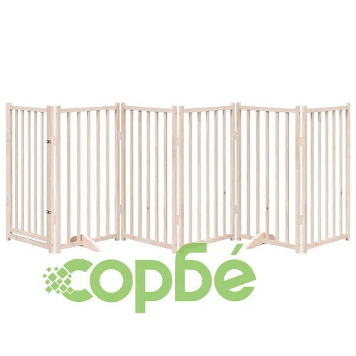 Сгъваема дървена преграда за кучета с врата - 6 панела, 300 см, масивна ела ➤ топ цена ➤ sorbe.bg