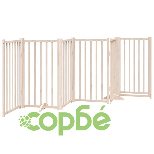 Сгъваема дървена преграда за кучета с врата - 6 панела, 300 см, масивна ела ➤ топ цена ➤ sorbe.bg