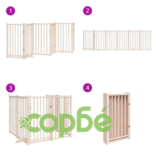 Сгъваема дървена преграда за кучета с врата - 6 панела, 300 см, масивна ела ➤ топ цена ➤ sorbe.bg