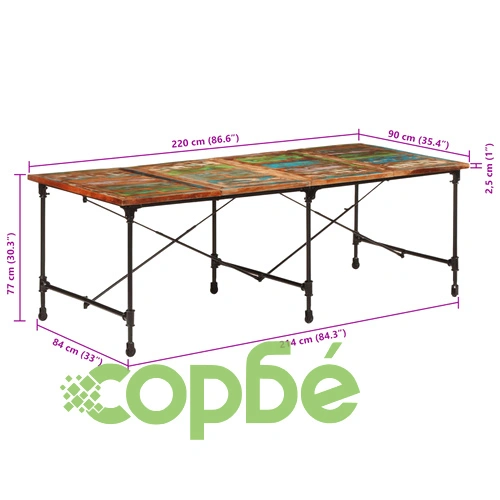 Трапезна маса от регенериран масив с метални крака, 220x90x77 см ➤ топ цена ➤ sorbe.bg
