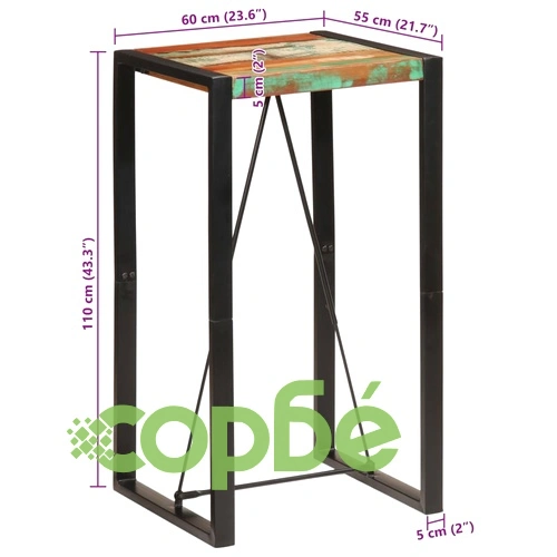 Бар маса от регенерирано масивно дърво, 60x55x110 см, с метална рамка ➤ топ цена ➤ sorbe.bg