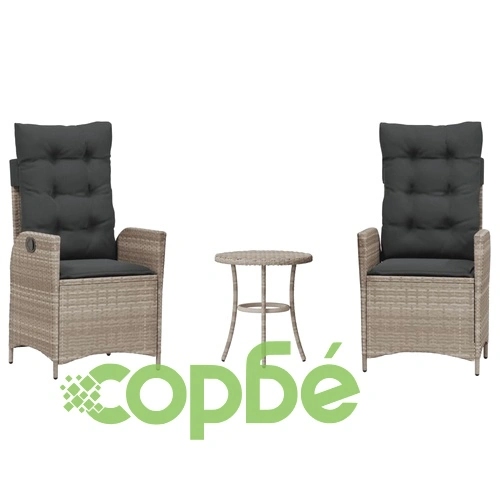 Бистро комплект с възглавници 3 части, полиратан, светлосив, 45x50 см ➤ топ цена ➤ sorbe.bg