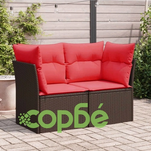 Луксозен градински диван 2-местен от кафяв полиратан с възглавници и място за съхранение ➤ топ цена ➤ sorbe.bg