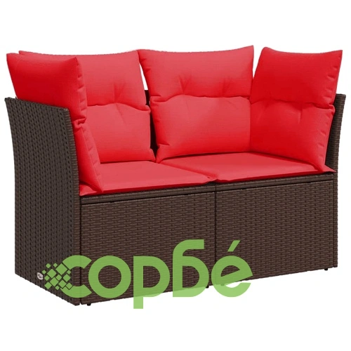 Луксозен градински диван 2-местен от кафяв полиратан с възглавници и място за съхранение ➤ топ цена ➤ sorbe.bg