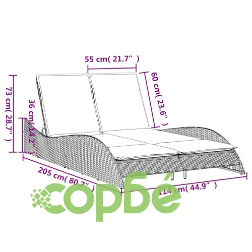 Шезлонг с възглавници от полиратан, кафяв, 114x205x73 см ➤ топ цена ➤ sorbe.bg