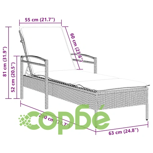 Шезлонг с възглавница от полиратан, кафяв, 63x200x81 см ➤ топ цена ➤ sorbe.bg