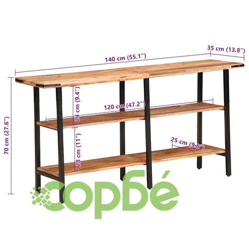 Конзолна маса от мангово дърво масив 140x35x70 см с метална рамка ➤ топ цена ➤ sorbe.bg
