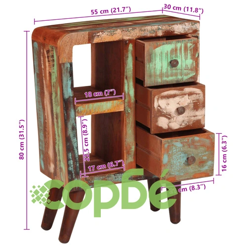 Компактен сайдборд от регенерирано масивно дърво, 55x30x80 см, с метални крака ➤ топ цена ➤ sorbe.bg