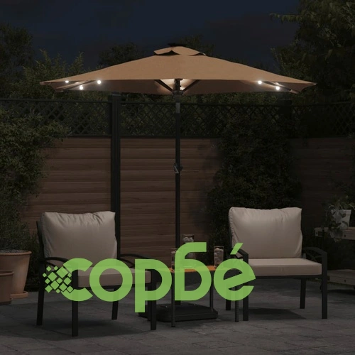 Градински чадър с LED осветление и стоманен прът, таупе, 225x225x212 см ➤ топ цена ➤ sorbe.bg