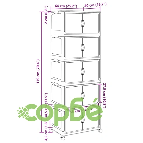Кутия за съхранение с колела на 5 нива, 75 L, полипропилен, 64x40x179 cm ➤ топ цена ➤ sorbe.bg