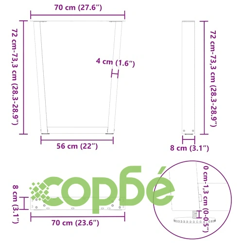 V-образни крака за трапезна маса от стомана, бели, 3 бр., 70x(72-73,3) см ➤ топ цена ➤ sorbe.bg