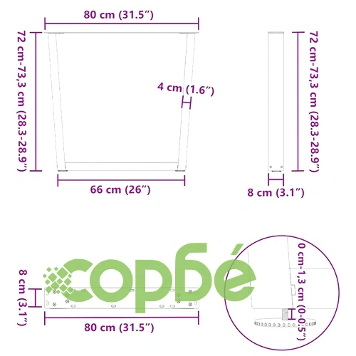 V-образни крака за трапезна маса - 3 бр., черни, стоманени, 80x(72-73,3) см ➤ топ цена ➤ sorbe.bg