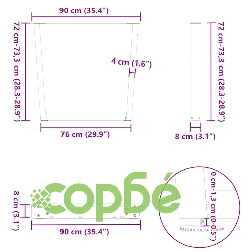 V-образни крака за трапезна маса от стомана - комплект от 3 броя, 90x(72-73,3) см ➤ топ цена ➤ sorbe.bg