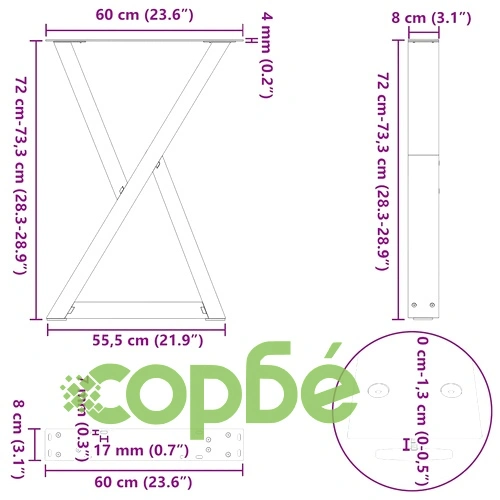 Метални крака за маса за хранене, 2 бр., естествена стомана, 60x(72-73,3) см ➤ топ цена ➤ sorbe.bg
