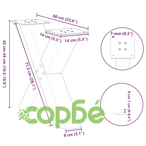 Х-образни крака за холна маса, 2 бр., естествена стомана, 60x(42-43) см ➤ топ цена ➤ sorbe.bg