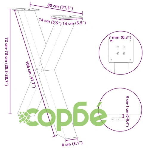 X-образни крака за трапезна маса - 3 бр., 80x(72-73) см, стоманени, антрацит ➤ топ цена ➤ sorbe.bg