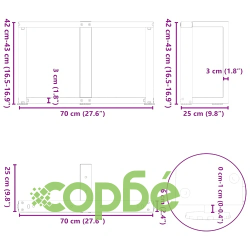 Т-образни крака за холна маса от стомана - 2 бр. - 70x25x(42-43) см - Естествен цвят ➤ топ цена ➤ sorbe.bg