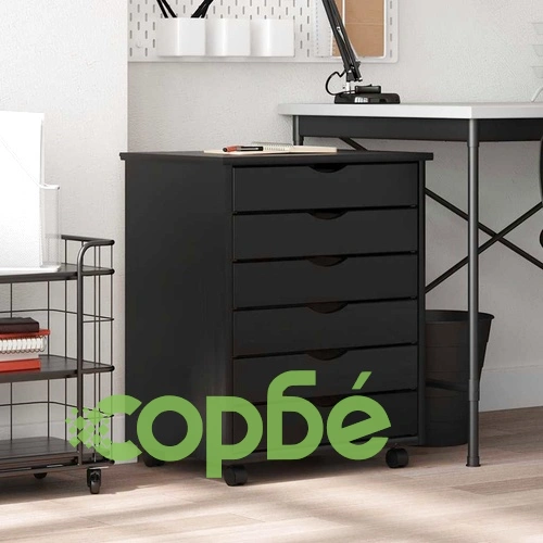 Подвижен шкаф с 6 чекмеджета MOSS - Черен от масивна борова дървесина ➤ топ цена ➤ sorbe.bg