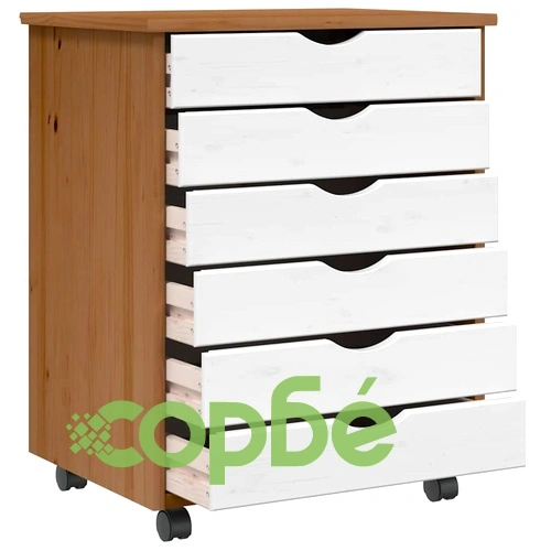 Шкаф с 6 чекмеджета на колелца MOSS, меденокафяв, от масивна борова дървесина, 53x39x65,5 см ➤ топ цена ➤ sorbe.bg