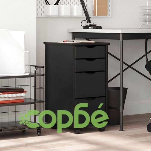 Подвижен Шкаф с 4 Чекмеджета MOSS - Черен от Масивно Борово Дърво 34x39x65,5 см ➤ топ цена ➤ sorbe.bg