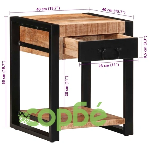 Странична маса от масивно манго дърво 40x40x50 см с чекмедже и рафт ➤ топ цена ➤ sorbe.bg